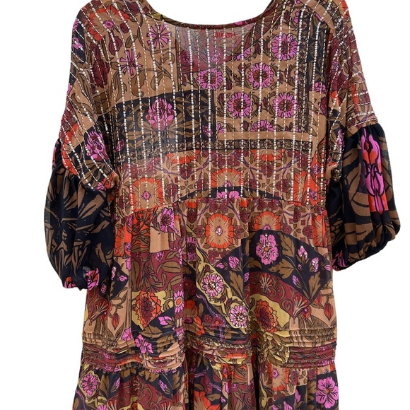 Free People Too Much To Dream Brown Pink Floral Tiered Beads Maxi NWT Size XS - Picture 9 of 14
